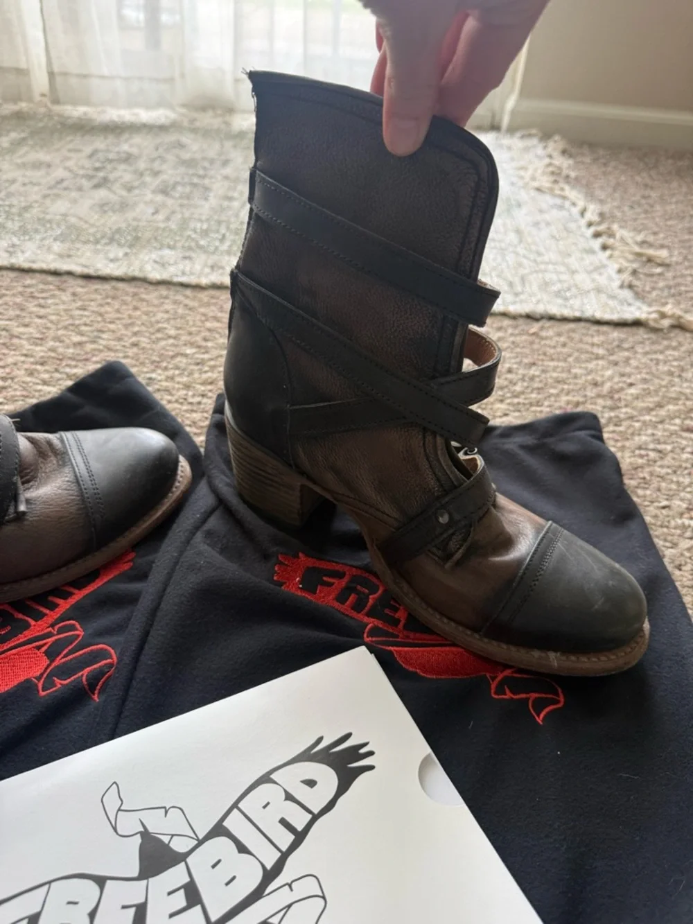 Freebird “Canyon” Black Leather Strappy Block Heel Ankle Boots - Picture 3 of 6
